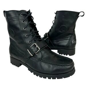 Lauren Ralph Lauren Zera Leather Lace Up Ankle Boots Black Buckle Womens Size 7B